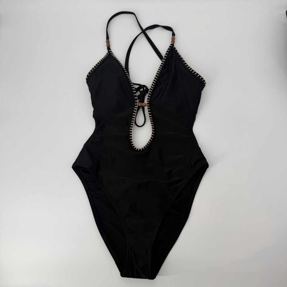 Shade & Shore Plunge Bead High Leg One Piece Swimsuit Black Women Size Small 4-6